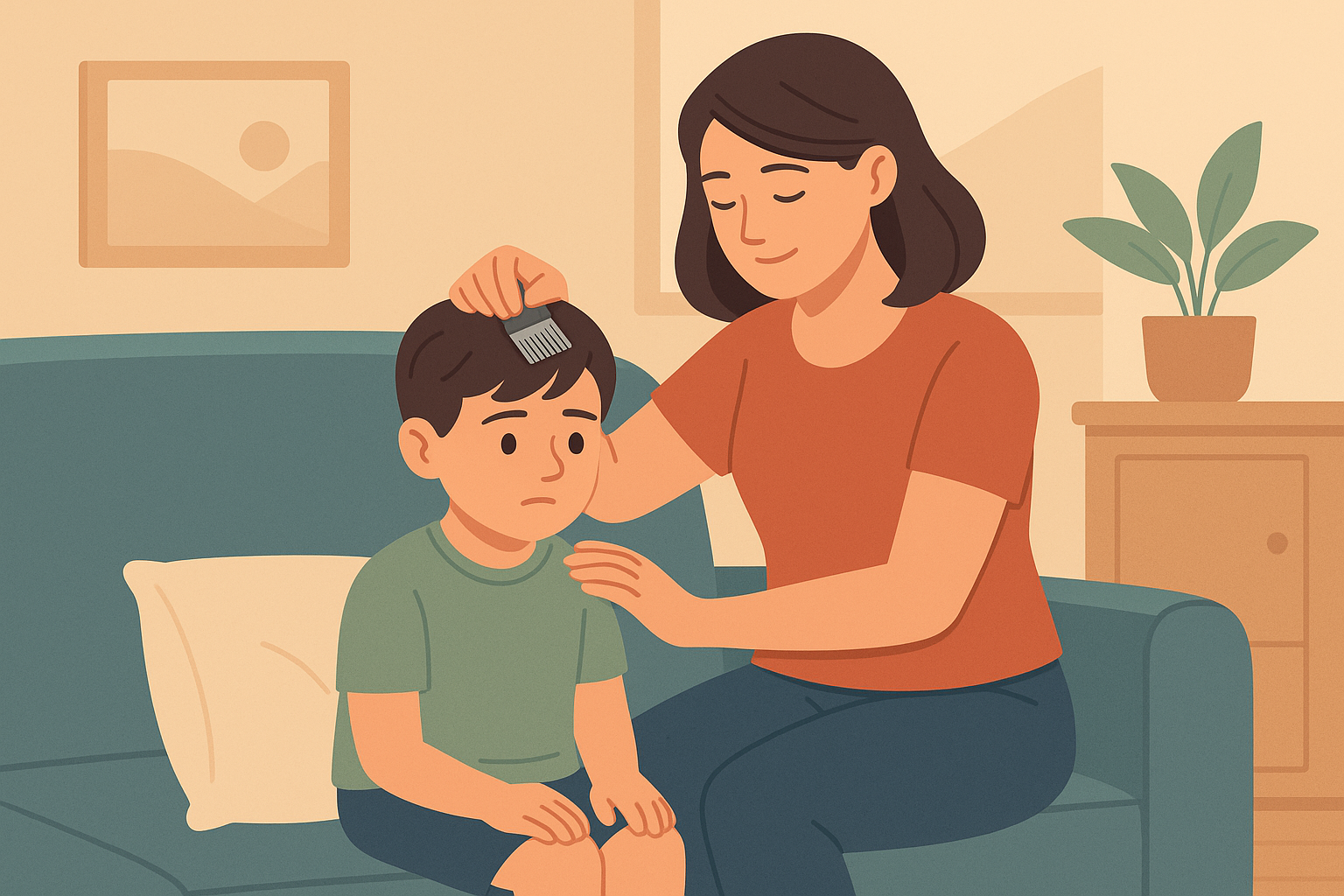 Madre peinando a su hijo con una lendrera en casa para eliminar piojos.